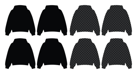 Black hoodie silhouette vector set, oversized hooded sweatshirt mockup templates, streetwear apparel flat sketches with halftone pattern textures © Caleb