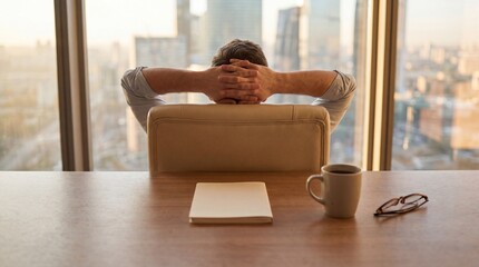 Rear view of a successful businessman relaxing in an office chair, hands behind head, looking at the city skyline. © Christine