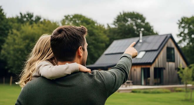 A couple stands in their yard, looking at their modern wooden house with solar panels on the roof.