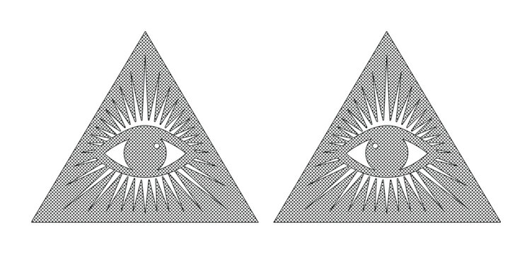 Mystical Eye of Providence in triangle, occult masonic symbol with light rays, spiritual all seeing eye vector icons for esoteric design