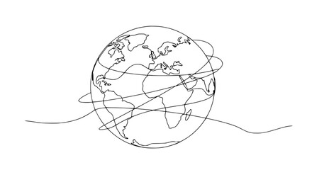 Continuous Line Drawing of Earth with Abstract Swirls, Minimalist Globe Art © Wachi