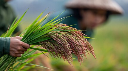Naklejka premium Close-up of hands holding freshly harvested rice stalks with a blurred figure in traditional conical hat working in a lush green rice field during harvest season