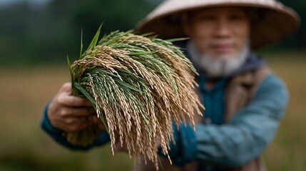 Naklejka premium Elderly Asian farmer wearing straw hat holds freshly harvested rice stalks in a lush green rice field, with blurred background of agricultural landscape