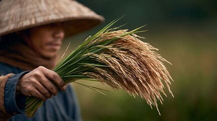 Naklejka premium Asian male farmer wearing straw hat holds freshly harvested rice stalks in a lush green rice field, showcasing agricultural practices and traditional farming methods