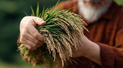 Naklejka premium Elderly man with gray beard holds freshly harvested rice stalks in hands, showcasing grains and green leaves against a blurred natural background