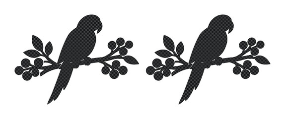 Tropical parrot silhouette vector, exotic bird perched on berry branch, black macaw profile icon, nature wildlife illustration for laser cutting © Caleb