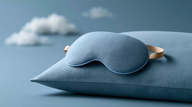Soft blue sleep mask resting on a plush pillow against a light blue background with soft clouds, creating a serene and calming atmosphere for relaxation