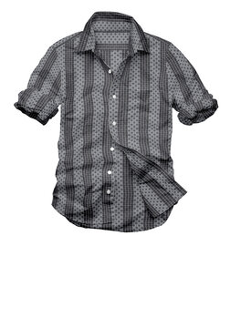 Men's casual short-sleeved button-down shirt in a black and grey dobby weave pattern with a textured grid. Isolated on a white background.