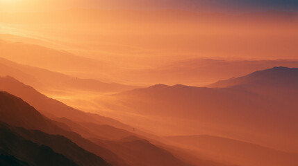 Naklejka premium Golden Sunset Over Layered Desert Mountains with Atmospheric Haze and Warm Orange Landscape