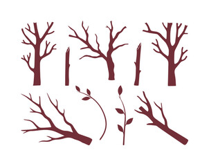 Minimalist bare tree silhouettes, dark brown winter branch vector set, leafless forest elements for seasonal landscape design and scrapbooking © Caleb