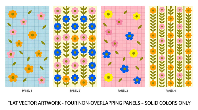 A four-panel flat-vector artwork featuring sunflowers, assorted blossoms, and wheat stalks on pastel backgrounds.
