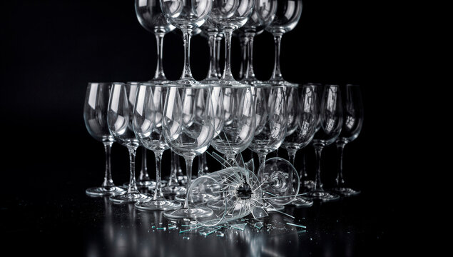A pyramid of wine glasses, one shattered at the base, symbolizing fragility and disruption in a business context