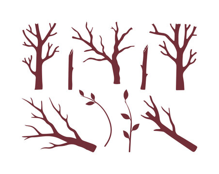 Minimalist bare tree silhouettes, dark brown winter branch vector set, leafless forest elements for seasonal landscape design and scrapbooking
