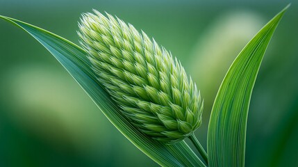 Fototapeta premium Close-up of green wheat ear with leaves against a blurred green background, showcasing the details of the grain and foliage in a natural setting