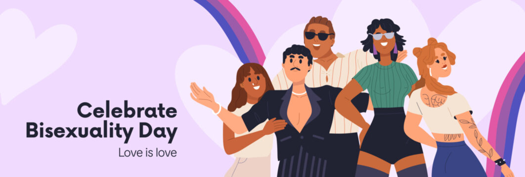 Bisexuality day banner. Happy bisexual people at LGBT love parade celebration with pink and blue bi flag. Horizontal background design for LGBTQ solidarity movement. Flat vector illustration