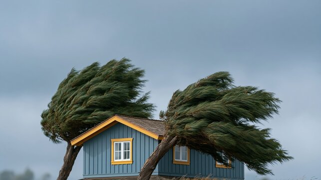 House with blue exterior and yellow trim surrounded by strong winds bending trees against a cloudy sky, showcasing the impact of weather on the landscape