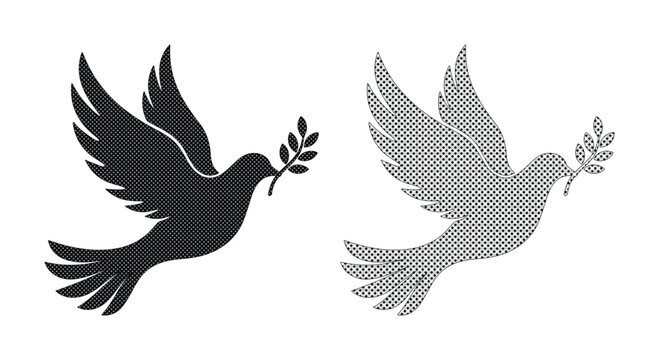 Peace dove silhouette with olive branch, flying pigeon bird vector icons, black and gray spiritual symbols for hope and harmony