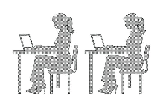 Businesswoman silhouette working on laptop at desk, female office employee sitting in chair, professional woman using computer vector illustration