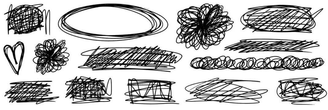 Abstract doodle collection: pen scratch marks, messy squiggle lines and circle scribbles. Rough hand-drawn ink texture for design.