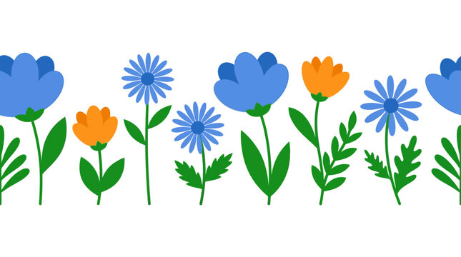 Colorful floral border illustration with blue and orange flowers and green stems on a white background for decorative design