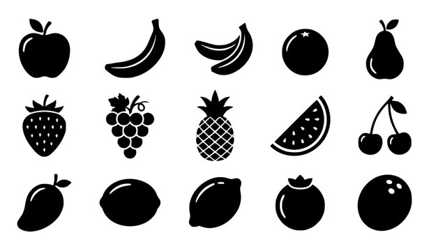 ​Minimalist Fruit Silhouette Icon Collection Featuring Apple, Banana, Strawberry, Pineapple, Watermelon, Citrus, and Mango for Grocery and Nutrition App Design