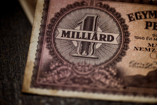 The denomination design of a Hungarian 1 milliard pengo banknote from 1946, showing bold numeral artwork, ornate print texture, aged paper, and historic hyperinflation currency details.