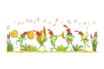 Festive composition featuring a parade of frogs playing musical instruments. Hand-drawn watercolor illustration, cartoon. Animal, card, invitation, reeds, sand, sheet music, garland, music, orchestra © DemiLenka