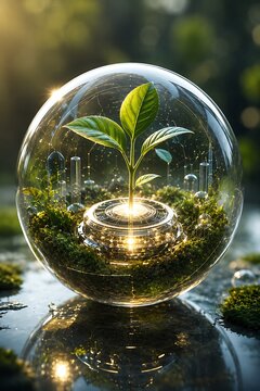 A vibrant green seedling sprouts within a transparent sphere, symbolizing growth and a sustainable future.
