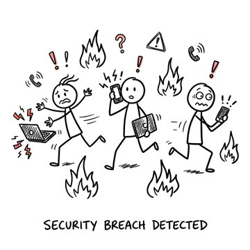 Hand-drawn stick figure cartoon of an IT team panicking during a security breach, cyber security humor