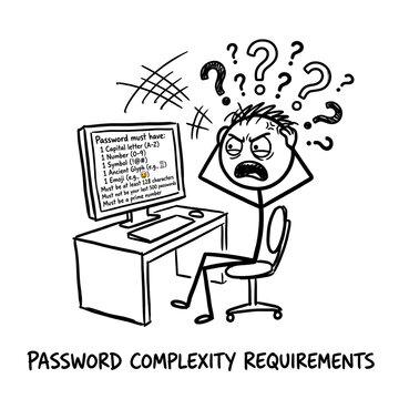 Hand-drawn stick figure cartoon frustrated by impossible password complexity requirements, cyber security humor