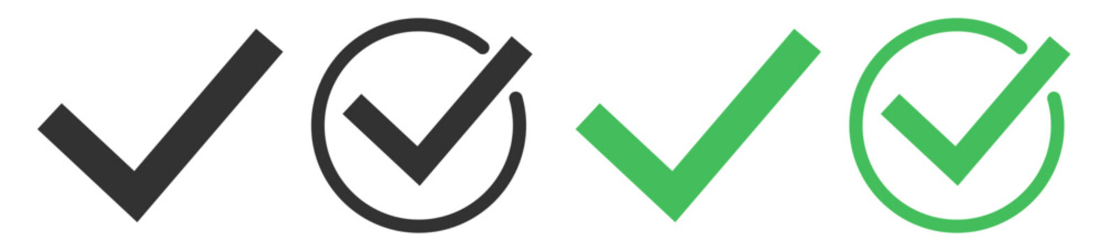 Set of check marks in black and green colors. Different styles include solid and circled symbols on transparent background.