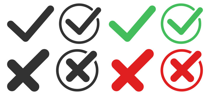 Check and cross symbols appear in red, green, and black colors. The icons include both plain and circled marks on transparent background.