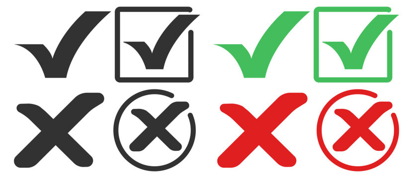 Check and cross marks in black, red, and green colors are displayed. These symbols represent choices and decisions with clear correct and incorrect indications on transparent background.