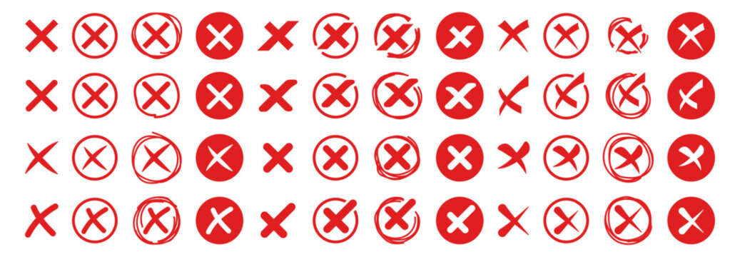 Red cross mark icons in various styles and circle shapes. Simple error and cancel symbols on transparent background.