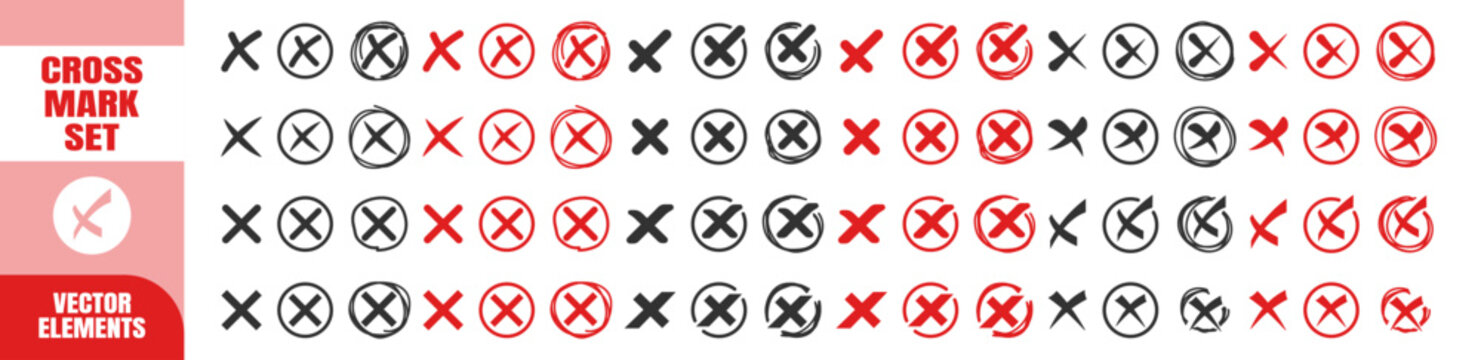 Hand-drawn red and black cross mark icons with circle and square outlines. Vector doodle elements for cancel and error symbols on transparent background.