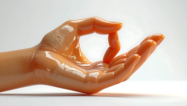 Human hand performing mudra gesture, index finger and thumb touching to form a circle, representing focus and mindfulness, on a neutral studio background