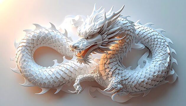 Intricate white dragon sculpture made of small cubes, detailed scales, elegant pose, soft lighting, symbolic mythology, powerful mythical creature