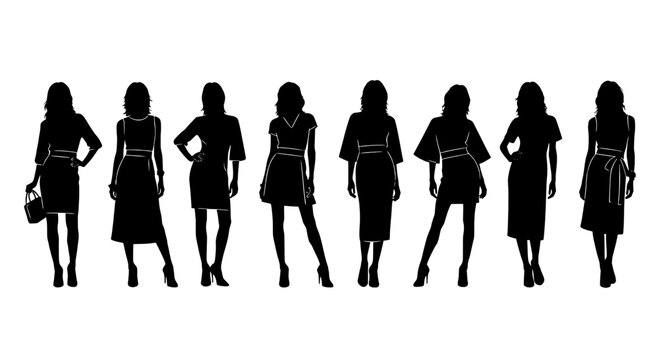 People fashion silhouettes of women standing in a row, diverse poses, vector style for design and branding use