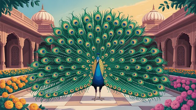 peacock is perched on a branch. The peacock has bright blue and green feathers
