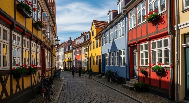 Colorful historic buildings along a narrow street under a partly cloudy sky