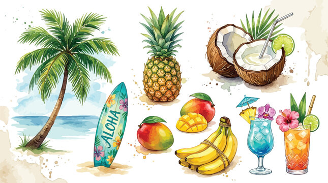 Watercolor tropical scene with palm tree, ocean, surfboard, fruits, and refreshing drinks.