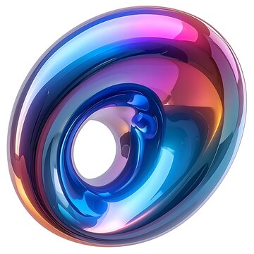 Iridescent metallic torus shape with colorful reflections and highlights, isolated abstract form