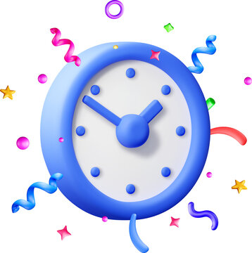 3d blue wall clock surrounded by colorful confetti