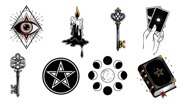 Esoteric symbols and icons on black background for design elements