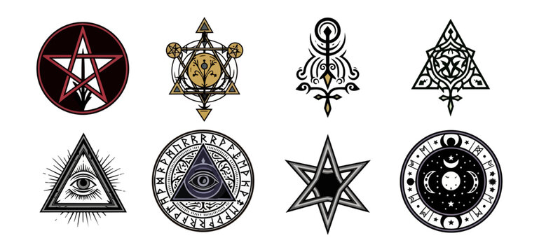 Geometric symbols and sacred geometry design elements on black background