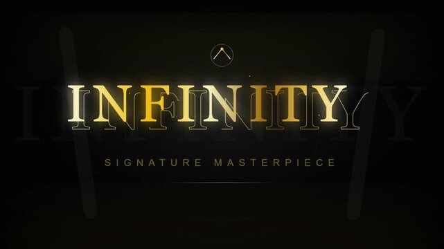 Luxury gold infinity text animation, elegant signature masterpiece typography on black background, premium cinematic golden title sequence