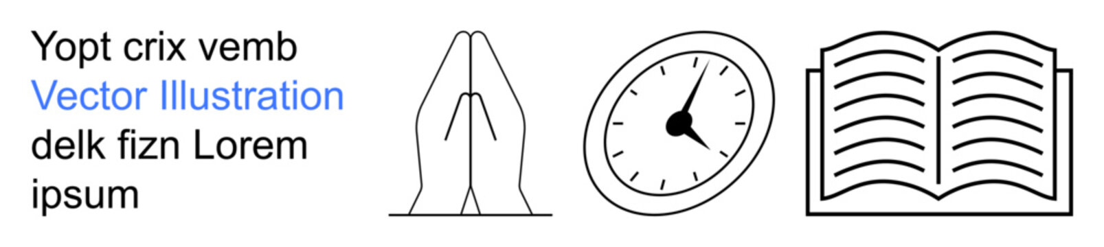 Spiritual mindfulness, time management, education, religious practices, personal growth, meditation. Hands in prayer, clock and open book. Spiritual mindfulness and time management concepts