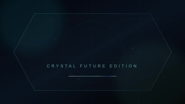 Futuristic HUD interface with Crystal Future Edition text, high-tech digital hexagon frame, dark blue cinematic motion graphics background
