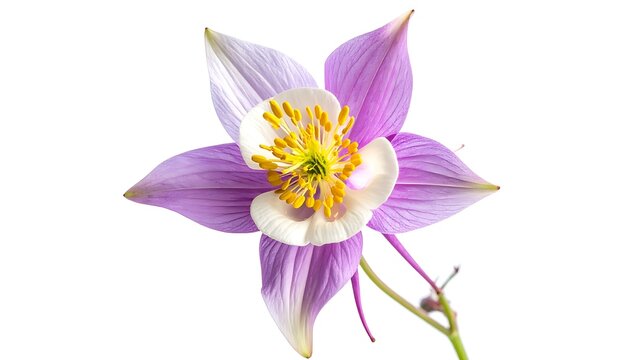 Isolated aquilegia flower with delicate purple petals and yellow stamen, perfect for natural beauty and spring themes