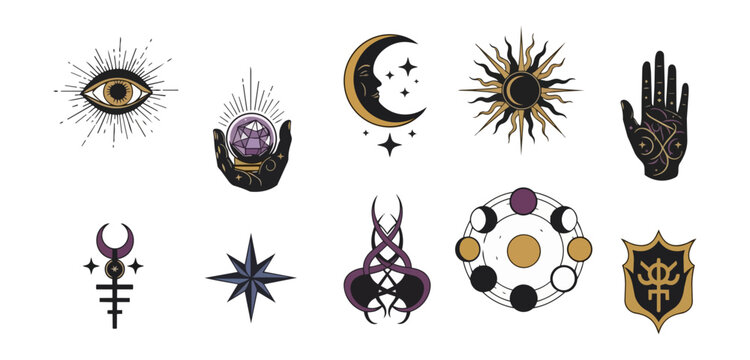 Mystical symbols and celestial elements on black background